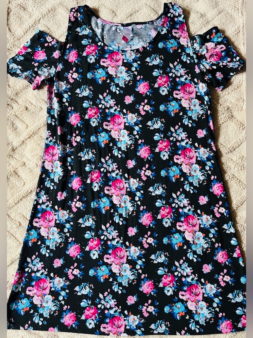 Juniors Black & Floral Mini Dress - Cold Shoulder Body Con, Size L (11-13)